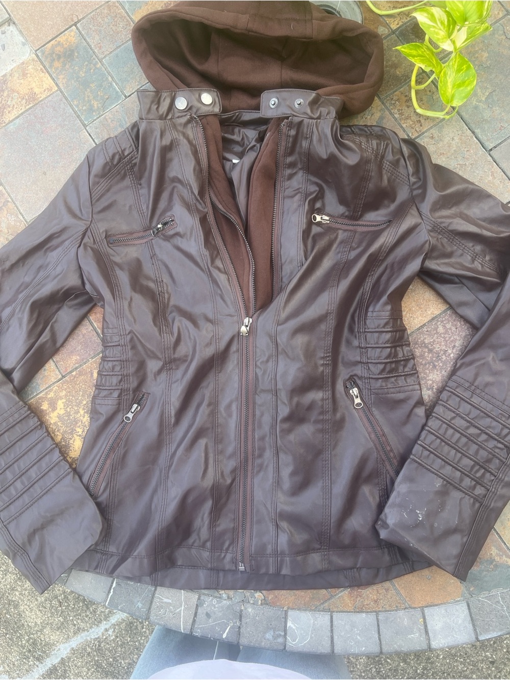 Women's Dark Brown Faux Leather Hooded Zip Jacket